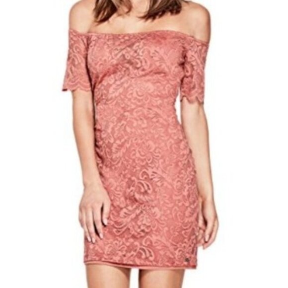 Guess Lace Off-Shoulder Dress Pink Medium - Picture 1 of 13